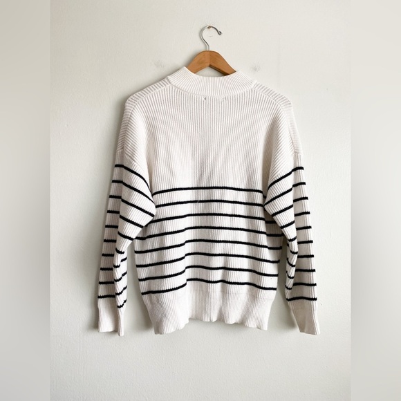 Striped White Black Knit Sweater Quarter Zip Relaxed Fit Sailor Minimalist Cozy - Picture 7 of 10